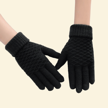 A pair of black WarmWeave knit gloves in Charcoal color, shown from the front with textured palm and ribbed cuffs.